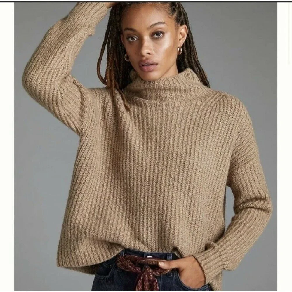 NWT Anthropologie Funnel Neck Sweater M Tan Cotton Blend